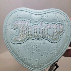 Juicy Couture Heart Zip Around Wristlet Silver Chain Pastel Turquois Rhinestones
